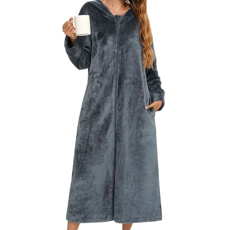 long sleeve towel dress with hood XINXIAOO Flannel Long Sleeve Robe With Hood And Zipper Couples' Sleepwear  For Autumn And Winter Thick Robe Towel Bathrobes for Women Long Dressing  Gown Womens Bathrobes Ladies Bathrobe Towel Hoodie