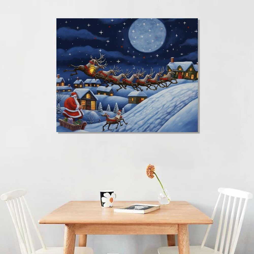 JRXY  Gallery Wrapped Canvas Christmas Wall Art Print for Holiday Decor,  Santa with Sleigh pattern2