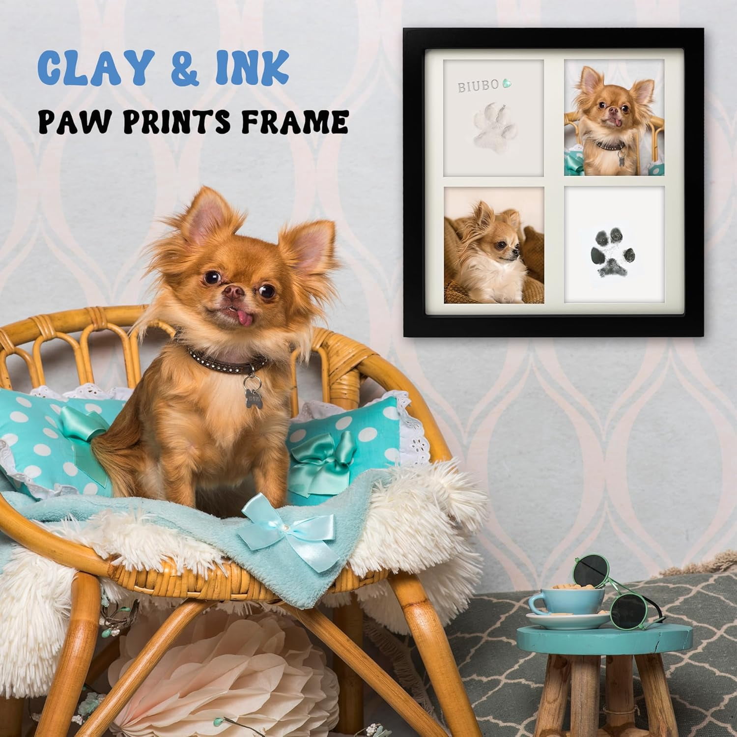 Ink & Clay Paw Print Kit for Dog Cat,Clean-Touch Ink Pad & Soft Clay,Pet Paw Print Impression Kit Large Area,Keepsake Frame for 1-2 Pets,Cat/Dog Gifts
