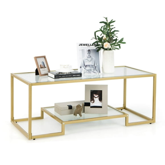 Costway 45" Coffee Table Rectangular Tempered Glass Accent Table W/ Shelf Living Room