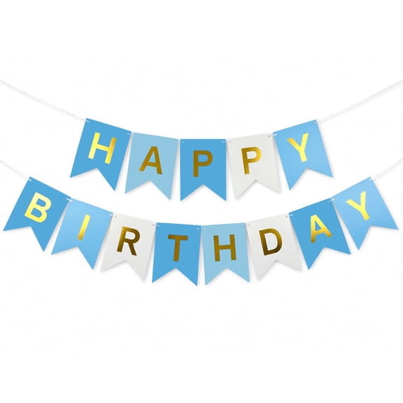 ALFEUND Happy Birthday Banner Blue and Gold Party Decoration – 16x20cm Flags, 2 Strings, Reusable for Outdoor & Indoor Celebrations