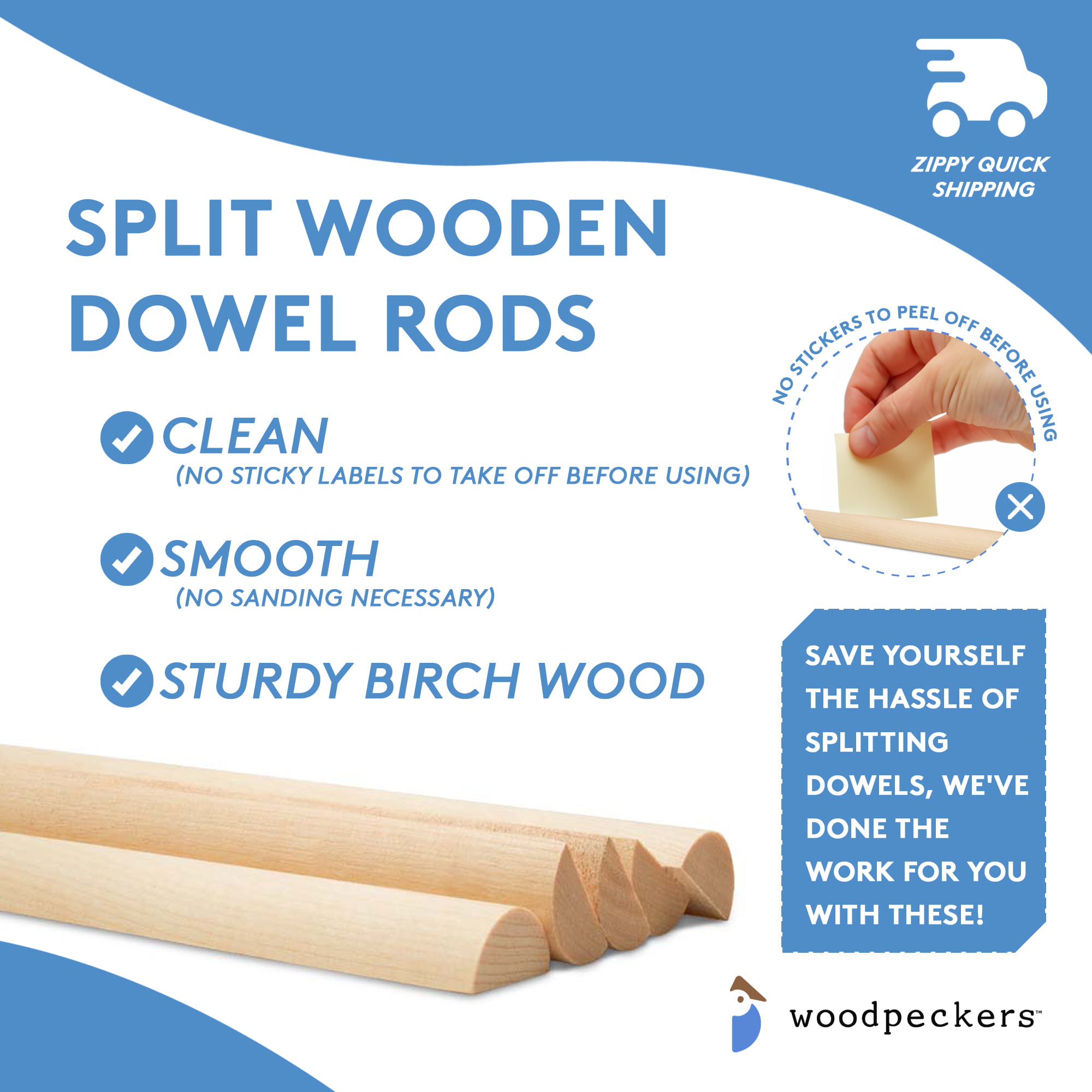 Split Wood Dowel Rods, Multiple Sizes Available, Unfinished for