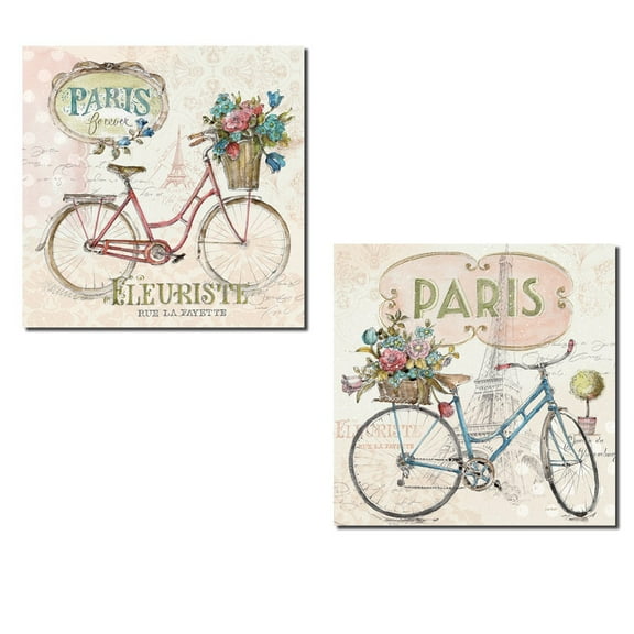 Lovely Paris Floral Bicycle Set by Lisa Audit; Two 12x12in Paper Posters