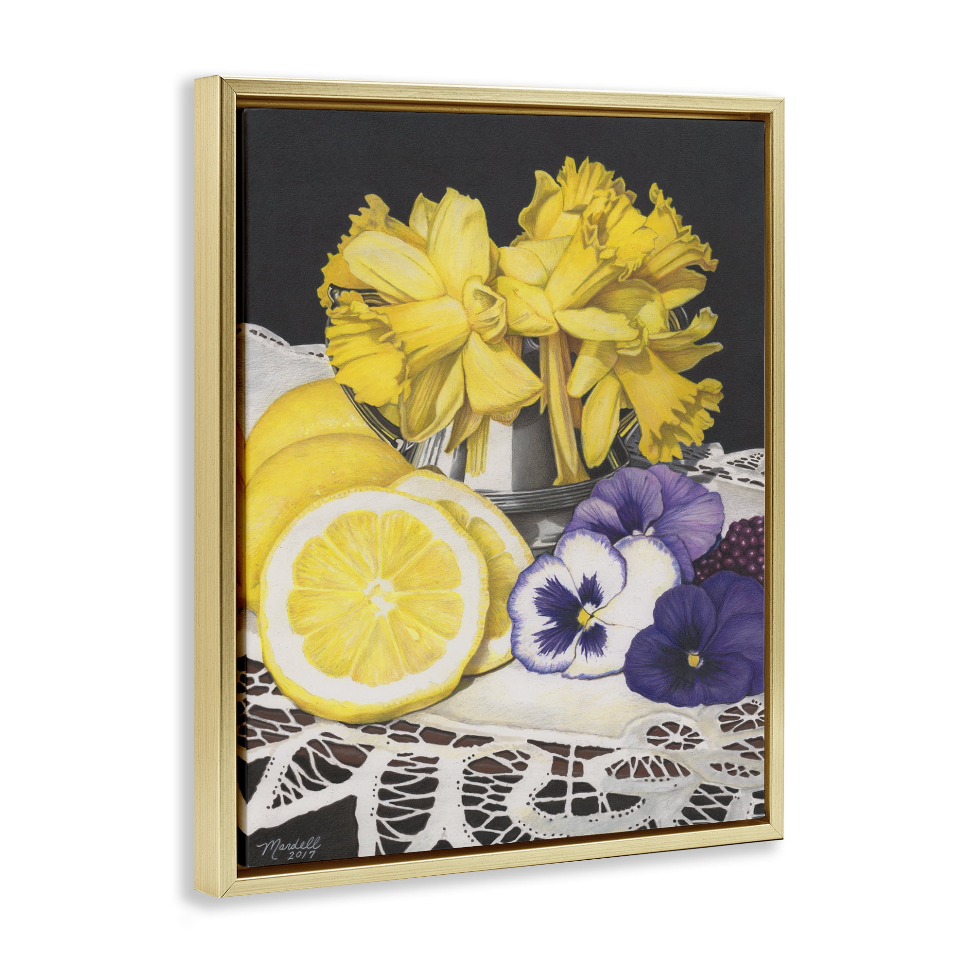 Stupell Industries Daffodils & Lemons Still Life Food & Beverage Painting Gold Floater Framed Art Print Wall Art, 25 x 31