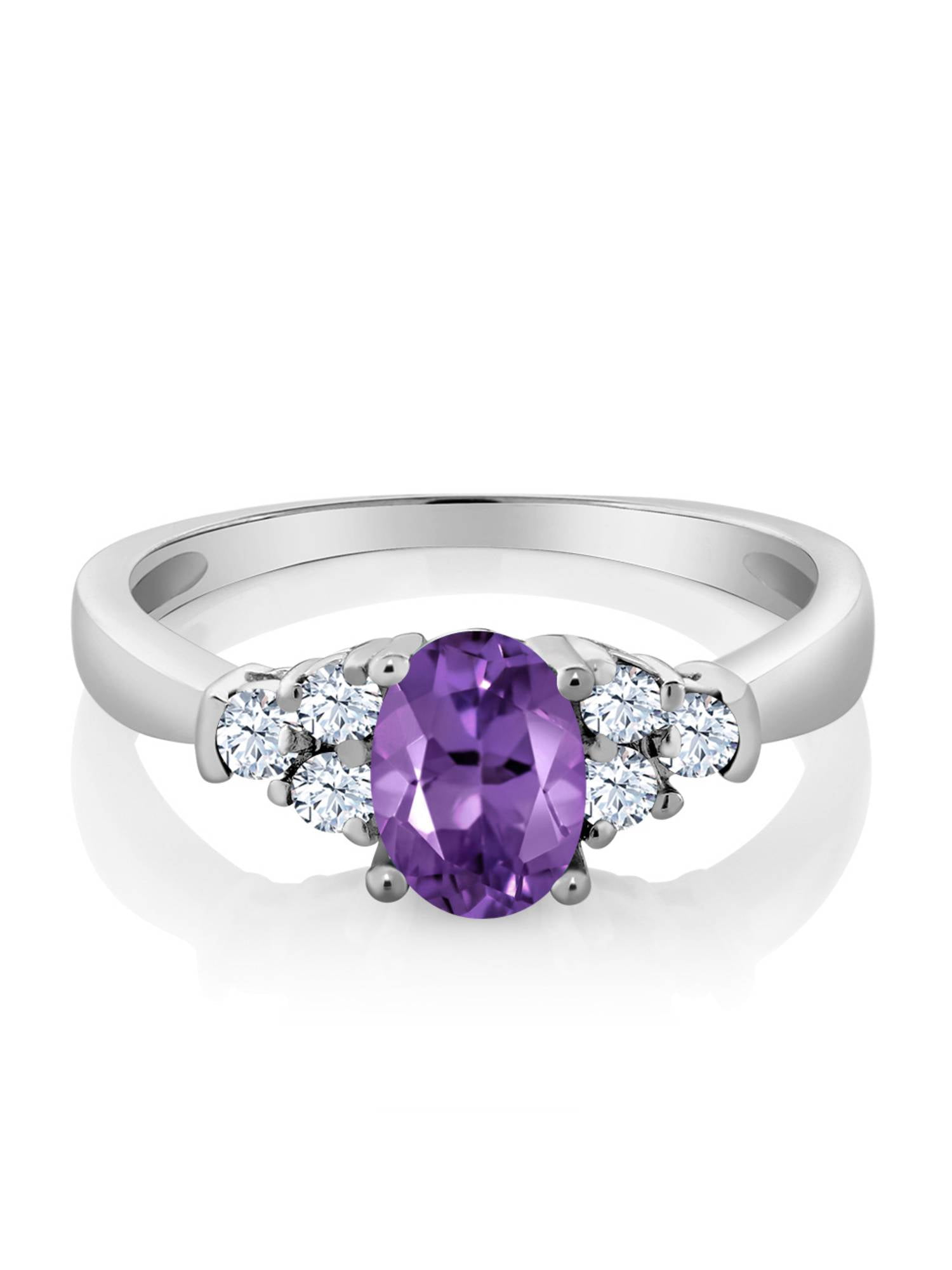 Gem Stone King 925 Sterling Silver Purple Amethyst and White Topaz Engagement Ring for Women (0.69 Cttw, Oval 6X4MM, Gemstone Birthstone, Available in Size 5, 6, 7, 8, 9)