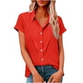 thumbnail image 3 of QIUOMBBP Plus Size Linen Tops for Women Short Sleeve Solid Button Down Shirts Loose Lightweight Breathable Summer Casual Tees Red L, 3 of 8