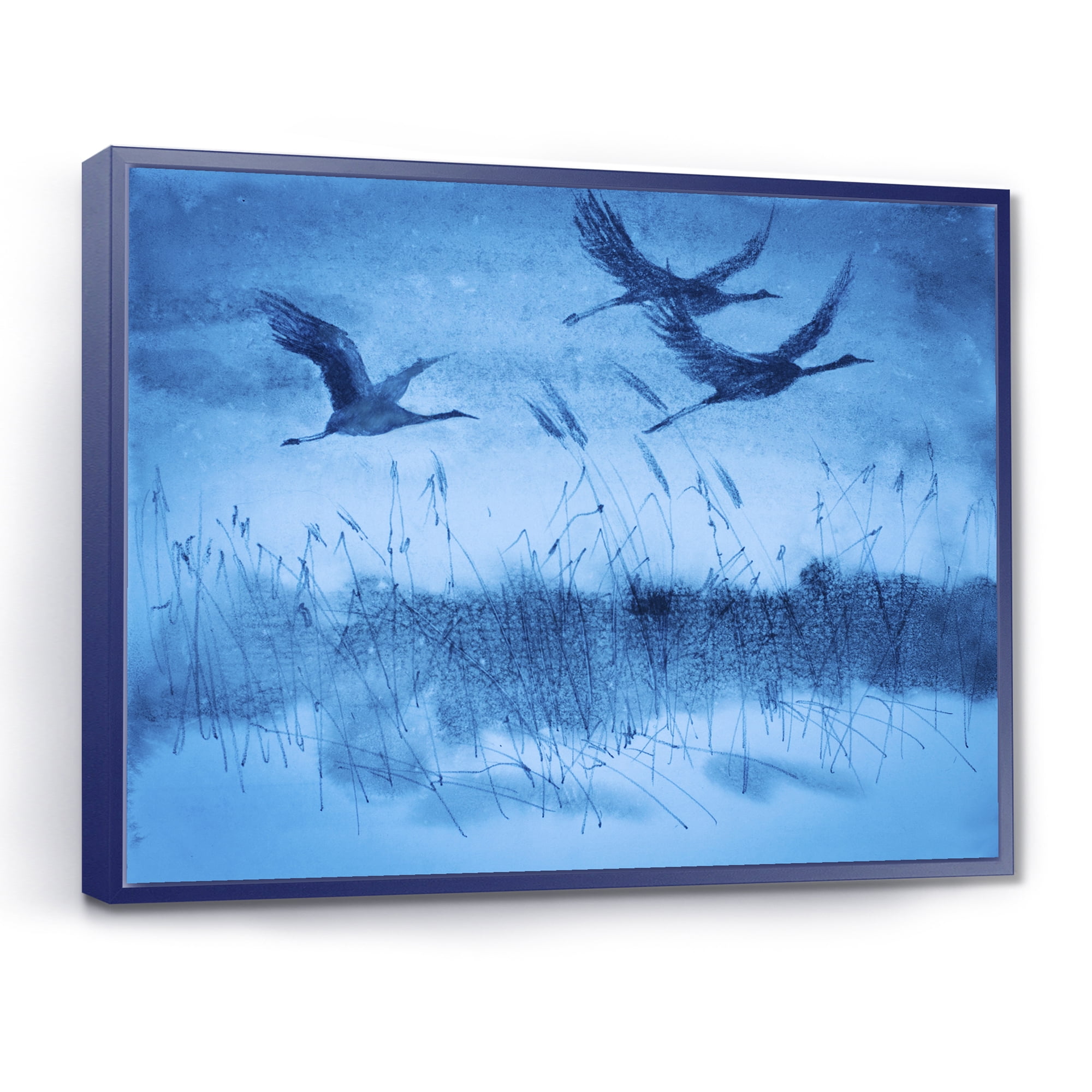 Designart 'Cranes In Flight During Blue Evening Light' Traditional Framed Canvas Wall Art Print
