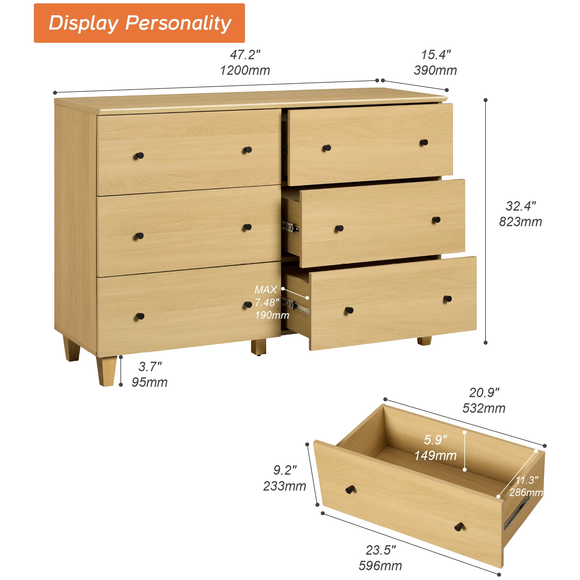 Modern 6-Drawer Double Dresser, Wood Chest of Drawers with Oak Wood Finish, 47.2" Wide