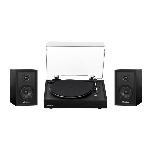Electrohome Montrose Tourne-Disque Vinyle Sans Fil Extensible avec Berkeley, Haut-Parleurs d'Étagère Bluetooth Alimentés, Tweeter 1 Pouces et Haut-Parleur 3 Pouces, pour une Acoustique Naturelle, Noir