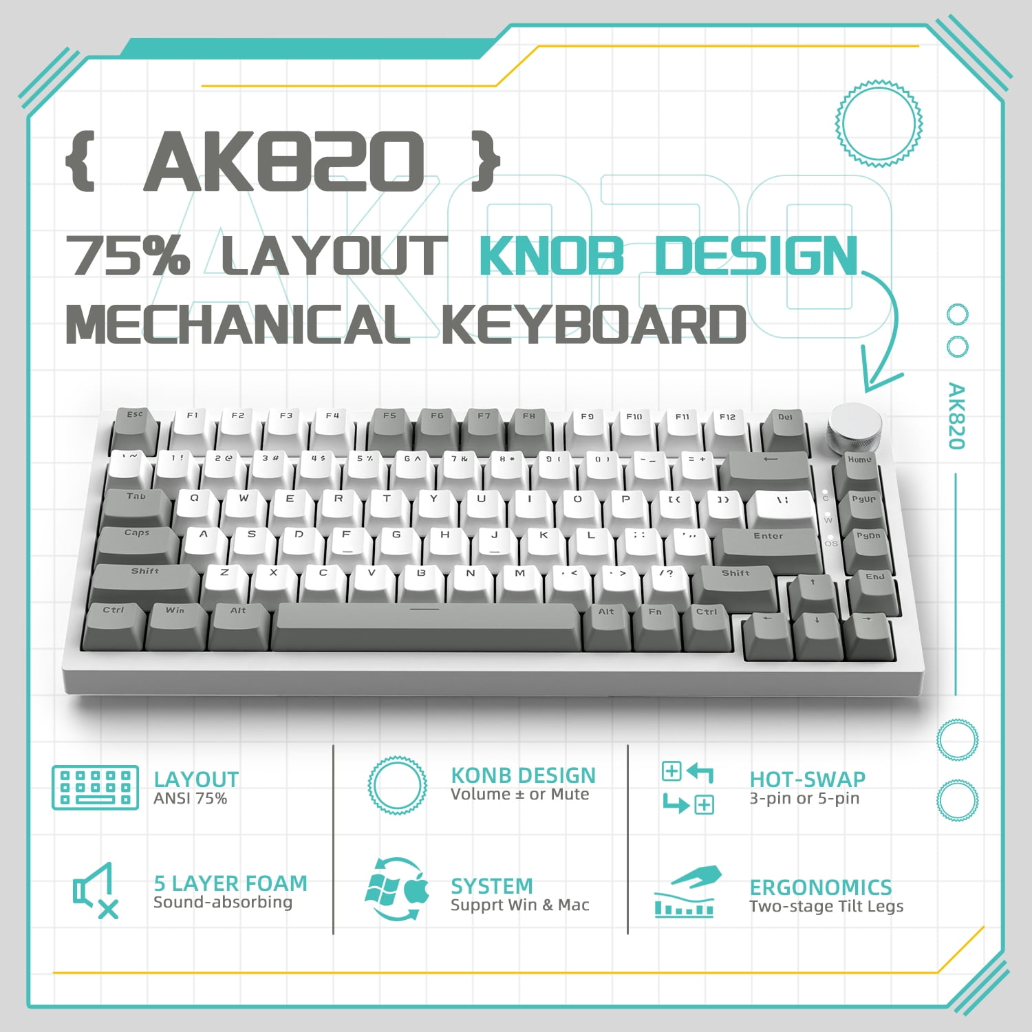 AJAZZ AK820 Mechanical Gaming Keyboard with Knob 75% Keyboard Hot Swappable Type-C Wired Gasket 5-Layer Noise Absorbing Foam White LED Backlit NKRO Linear Red Switch for PC/Win/Mac