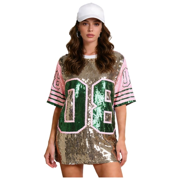iixpin Women's Number Name Sequin Dress Shirt Short Sleeve Oversized T-Shirt Sweatshirt Gold One Size