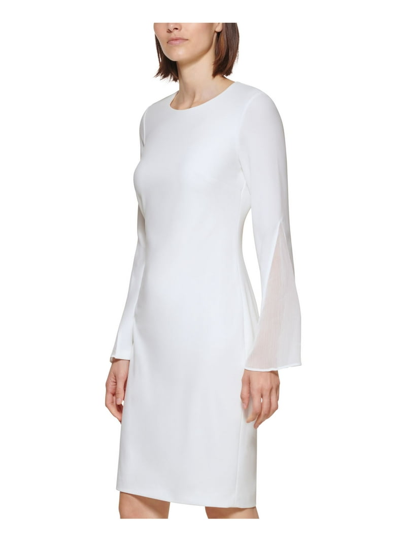 sachin and babi light blue dress CALVIN KLEIN Womens White Zippered Darted Chiffon Insets Lined Bell Sleeve  Round Neck Above The Knee Wear To Work Sheath Dress 6