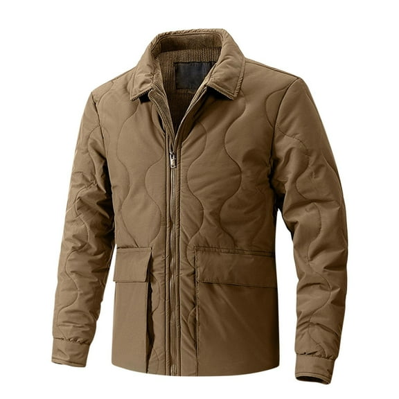 Timoontee Men's Jacket Coat Solid Zip Up Quilted Coat Casual Lapel Jacket Cotton Coat Outdoor Windbreaker Fall Winter Warm Outerwear Coat Coffee XXL