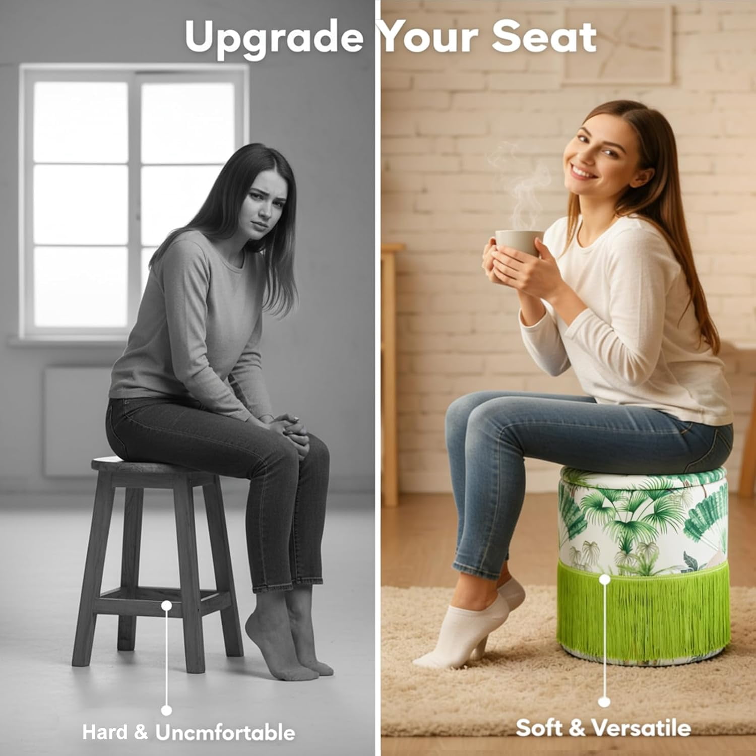 Casa Pura Furniture Round Storage Ottoman Velvet Fringe Upholstered Footrest Stool Green