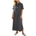 thumbnail image 2 of Sokhug Womens Maxi Shirt Dress Cotton Blend Short Sleeve Button Down Dress with Pockets Side Split Loose Casual Dresses, 2 of 6