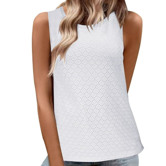 JIAYUE Tank Tops For Women Sleeveless Solid Color Eyelet Crew Neck Cute Summer Breathable Loose Fit Stylish Female Vest