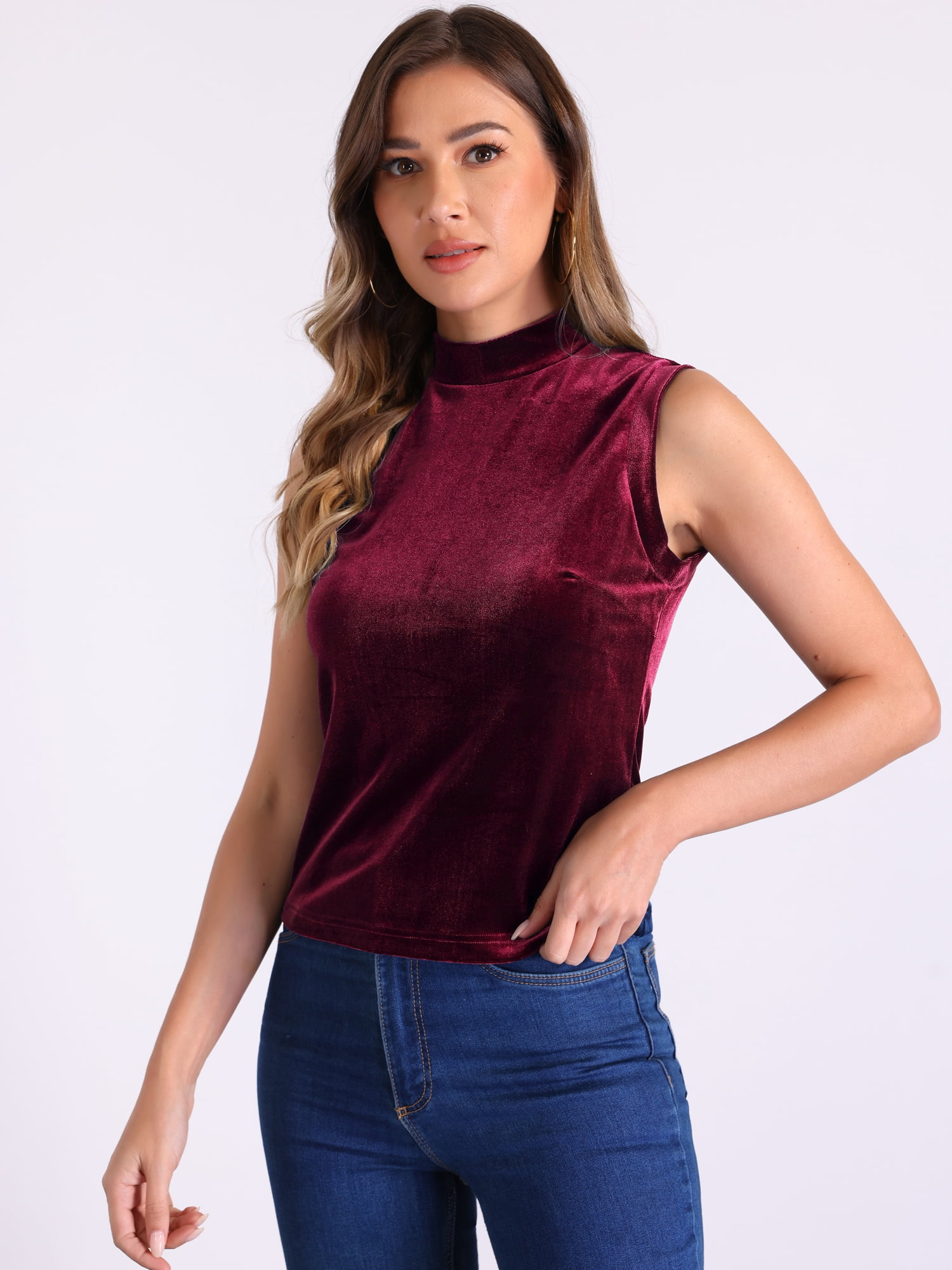 DARING DIVA Women Velvet Sleeveless Mock Neck Tank Tops Shirts M Wine Red