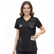 NY Threads Scrub Tops for Women Soft Stretch V-Neck Medical Scrub Top with Pockets, Small, Black