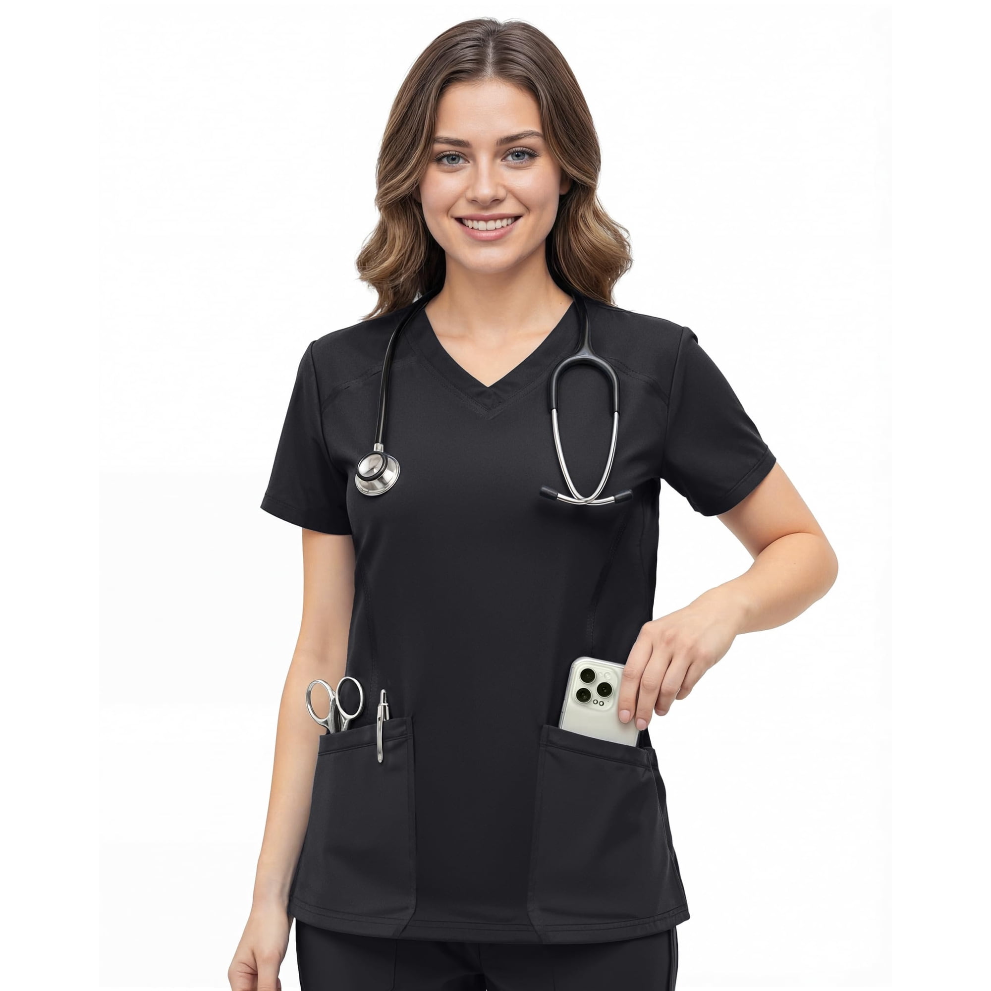 NY Threads Scrub Tops for Women Soft Stretch V-Neck Medical Scrub Top with Pockets, Small, Black