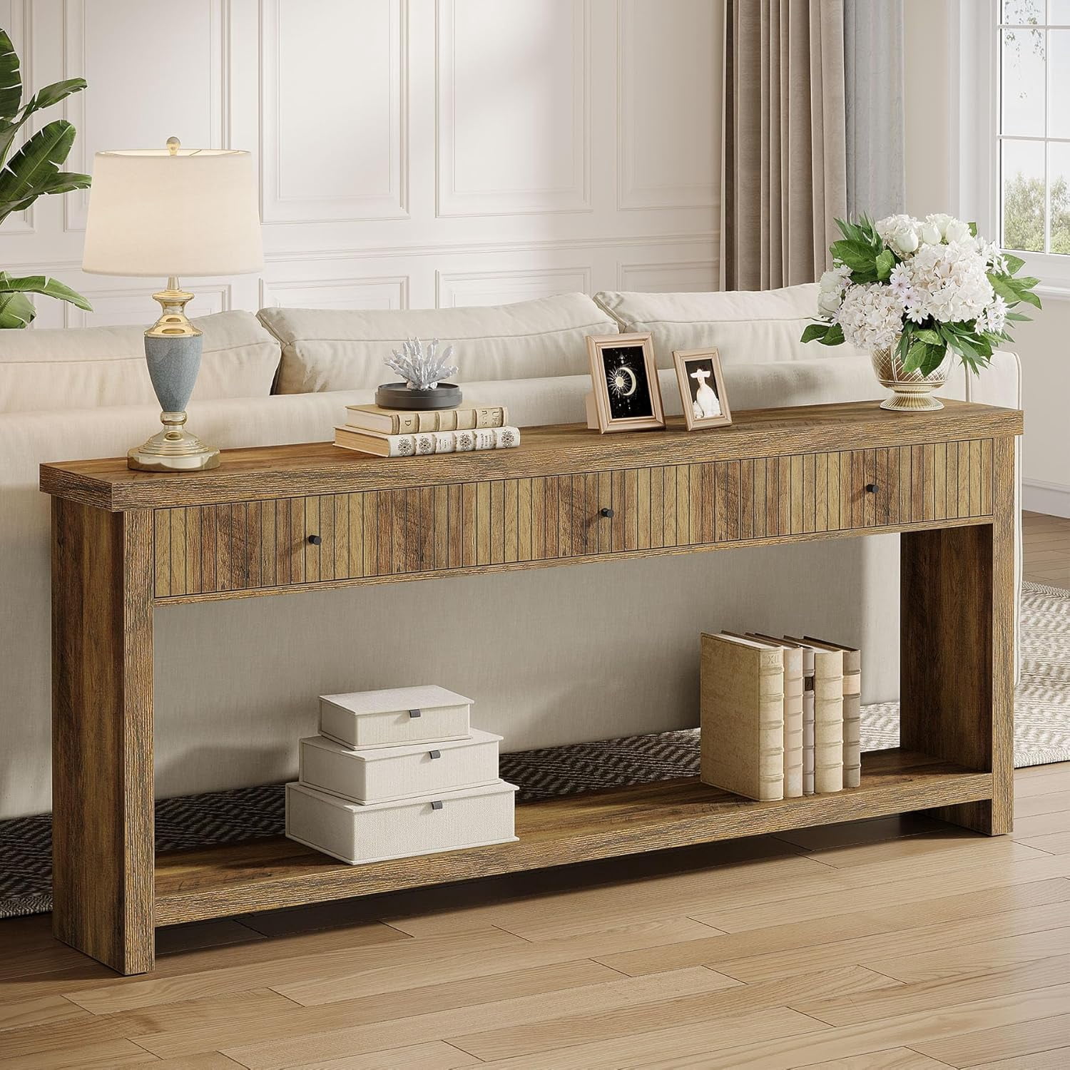 Finmind 3 Drawers Wood Console Table, 70.9 inch Entryway Table Oak Hallway Table with Open Storage Shelves for Living Room Hall Entrance, Brown