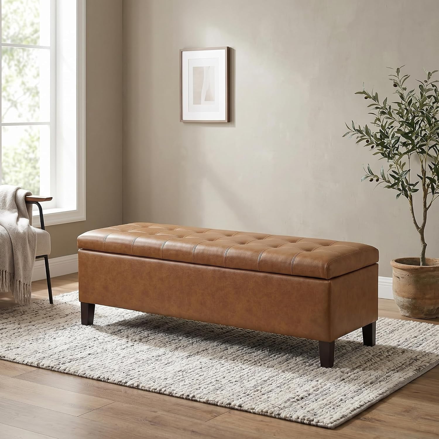 Ottoman with Storage 51 Inch Large Ottomans Storage Bench | Faux Leather Upholstered End of Bed Bench with Hinged Lid Long Foot Rest Stool for Living Room Bedroom Vintage Golden Brown