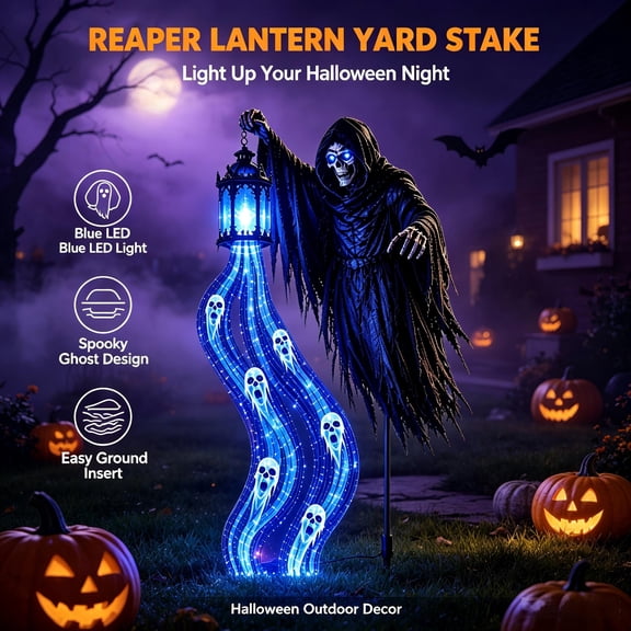 Halloween Soul Harvester Animated Garden Light, Grim Reaper Ghost Garden Stake with Blue Glow Lantern Effect for Yard Lawn Pathway Outdoor Decor