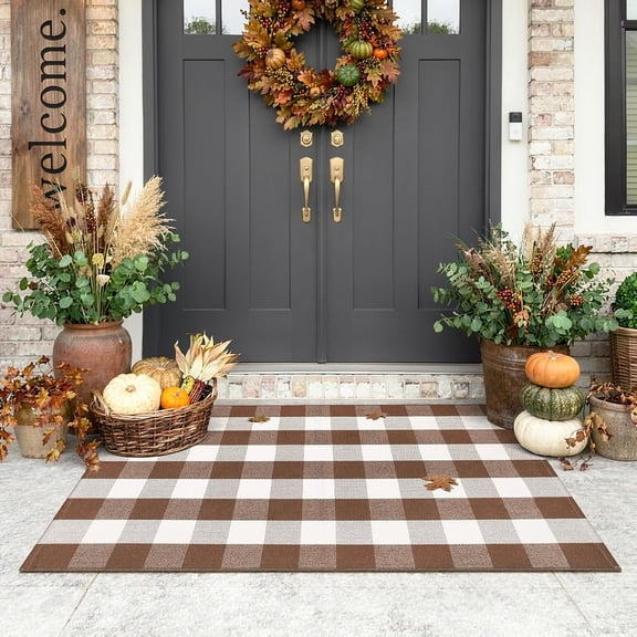 XIBUFE Bufflo Plaid Outdoor Rug 3’x5’, Fall Decor Checkered Front Door Mat, Indoor Outdoor Farmhouse Cotton Porch Rug for Layered Door Mats, Washable Brown Area Rugs for Patio Entryway Kitchen