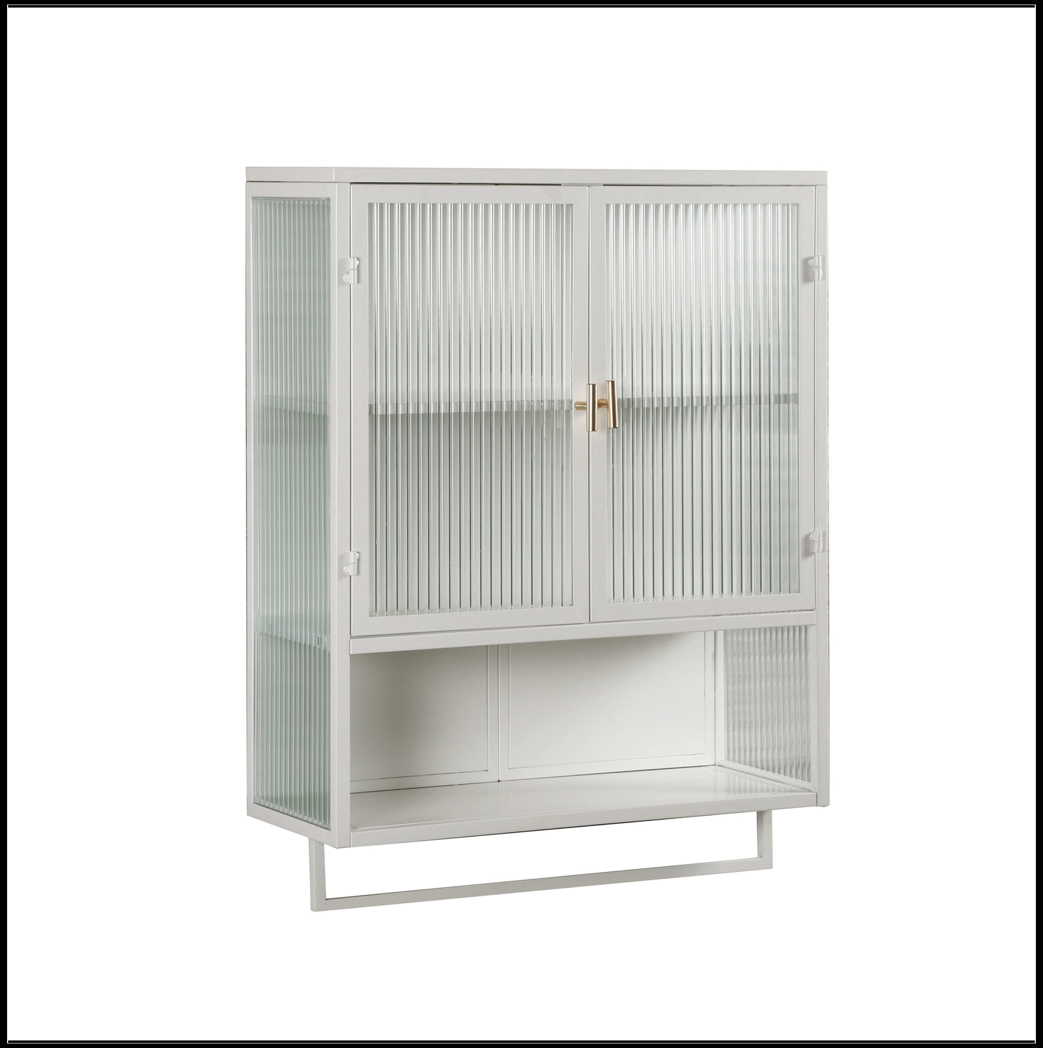 23.62"Glass Doors Modern Two-door Wall Cabinet with Featuring Two-tier Enclosed Storage, an Open Shelf, and Towel Rack, for Entryway Living Room Bathroom Dining Room