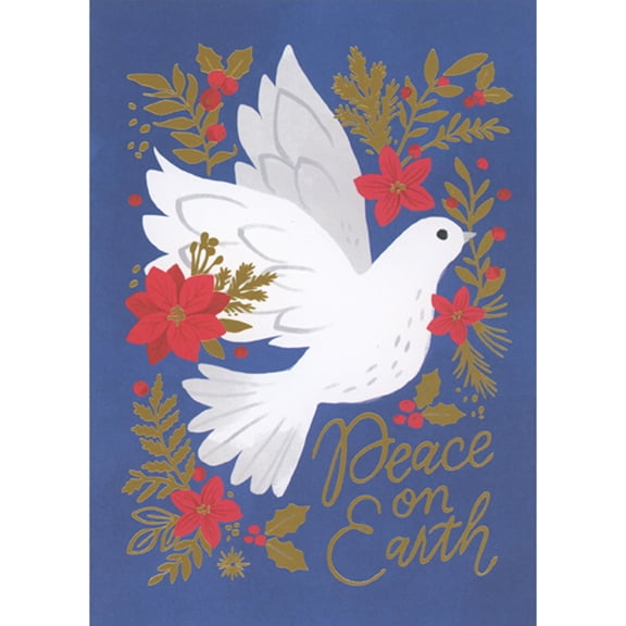 RSVP Peace on Earth: Dove, Red Flowers and Gold Foil Holly on Blue Religious Christmas Card