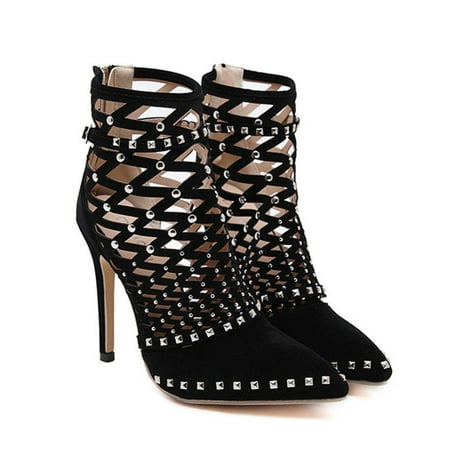 

Women High Heels Shoes Hollow Out Rivet Pointy Toe Breathable Sandals for Summer 37