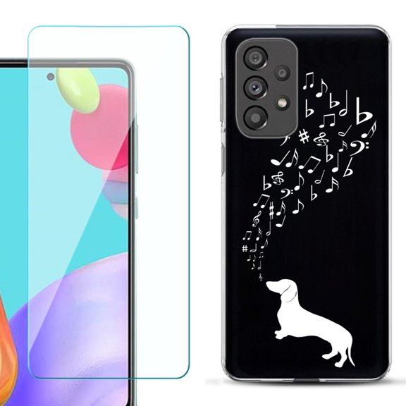 Slim-Fit Gel TPU Phone Case for Samsung Galaxy A33 5G, with Tempered Glass Screen Protector, by OneToughShield ® - Dachshund/Puppy Music