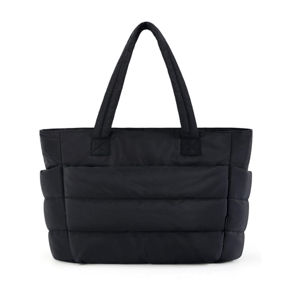 Reusable Lunch Bags, Puffy Quilted Insulated Lunch Tote Bag for Women, Lightweight Thermal Cooler Handbag with Multi‑Pockets, Water‑Resistant Lunch Container for Work, Office, Travel, Picnic, Black