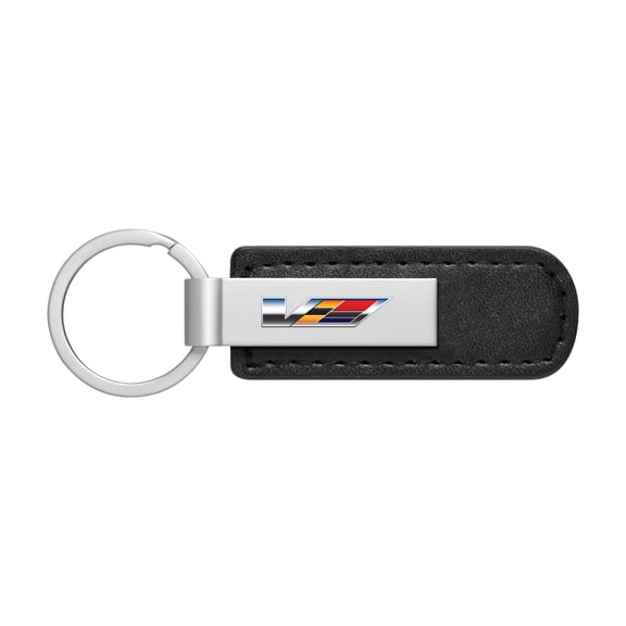 iPick Image for Cadillac V Logo Silver Metal Plate Black PU Leather Strap Key Chain, Official Licensed