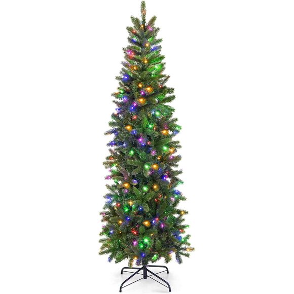 HAPPYGRILL 6FT Pre-Lit Artificial Christmas Tree with 648 Tips, 270 LED Lights, 10 Lighting Modes, Hinged Slim Pencil Xmas Tree for Office Home School Party
