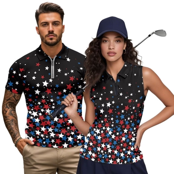Jeiento 4Th of July His and Hers Matching Outfits Womens Sleeveless Golf Shirts Patriotic Star Golf Shirt for Men Moisture Wicking Golf Tops for Tennis Athletic Workout Running, Women's XS