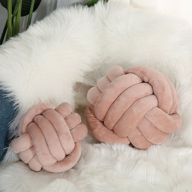Almohada de bola redonda con nudo de cuerda de tres hilos tejida a mano para decoración del hogar, almohada de bola con nudo de terciopelo de cristal