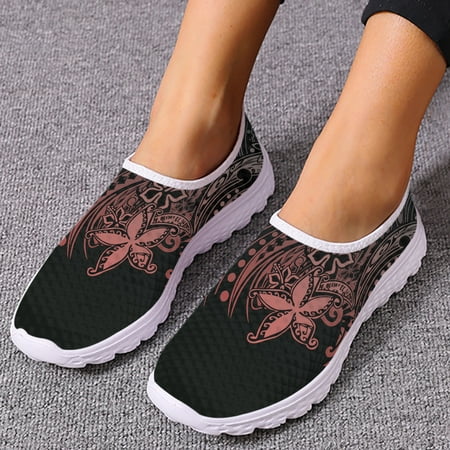 

Tribal Polynesian Plumeria Flower Prints Flat Shoes for Women Light Slip-on Casual Loafers Summer Cool Mesh Sneakers
