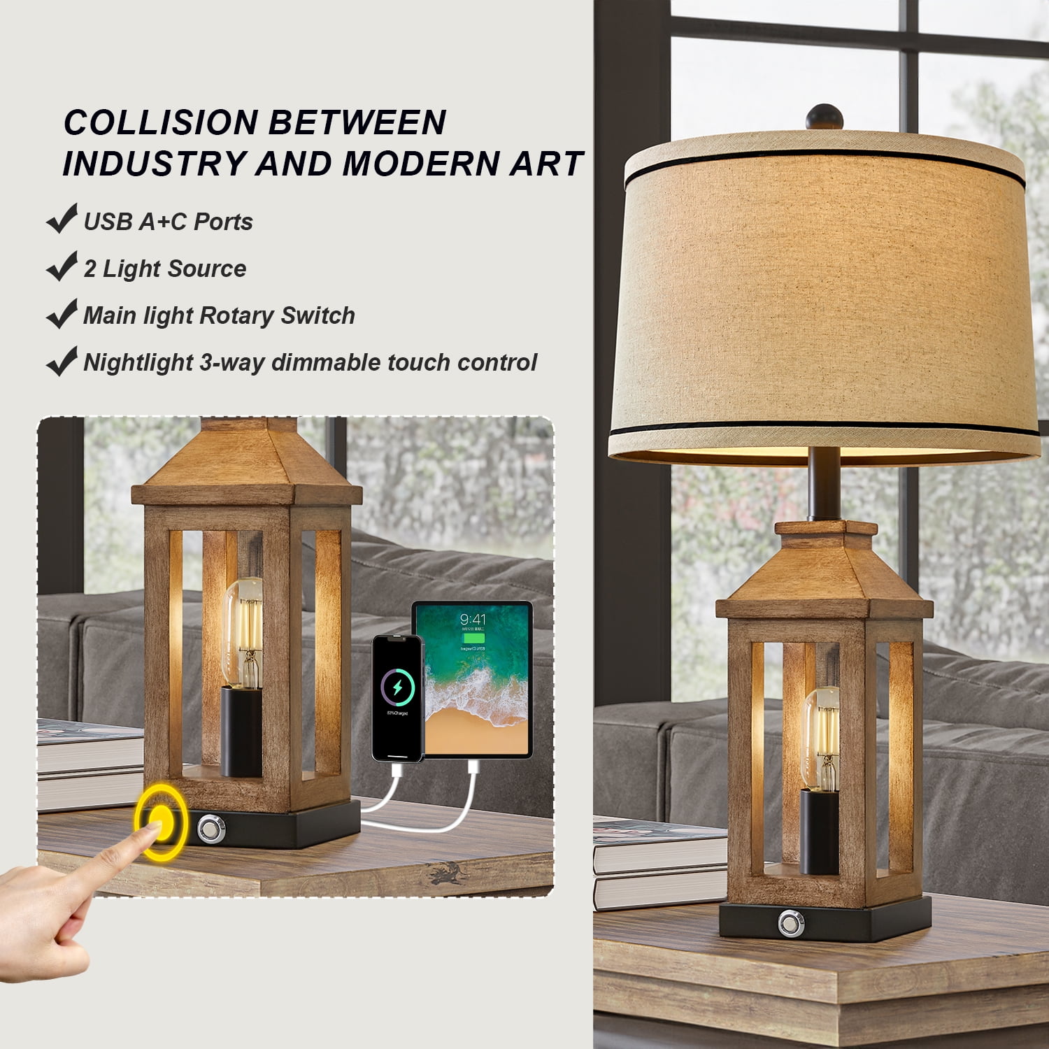 Oneach 3 Way Dimmable Table Lamp with USB A+C Ports for Bedroom Living Room 23.75" Vintage Farmhouse Nightstand Bedside Lamps Resin (2 Bulbs Included)