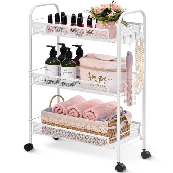 Kingrack Rolling Cart, 3-Tier Metal Utility Cart with wheels for Office and Home, White