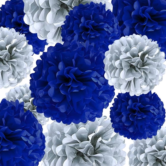 Blue Silver Tissue Paper Pom Poms 12Pcs- Hanging Paper Flowers for Wedding Birthday Graduations Christmas and Special Occasions(10 & 12 inch)