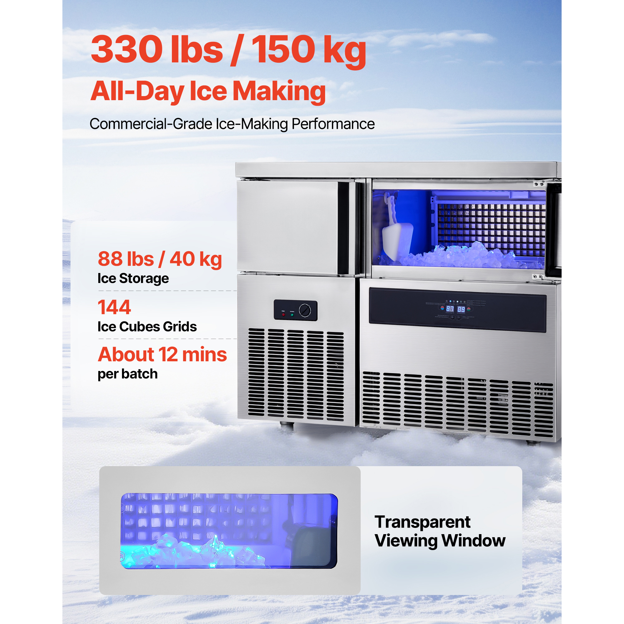 KFFKFF Commercial Ice Maker Machine, 330 lbs/24H Stainless Steel Ice Machine with Countertop, 88 lbs Storage & 144 Cubes per Cycle, Self-Cleaning Freestanding Ice Maker for Home, Bar, Office