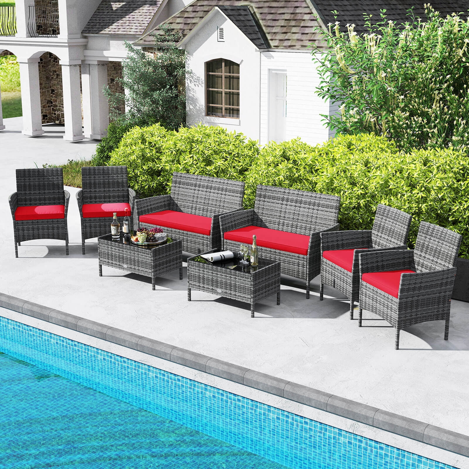 Costway 8 PCS Patio Furniture Set with Washable Cushions and Tempered Glass Coffee Table
