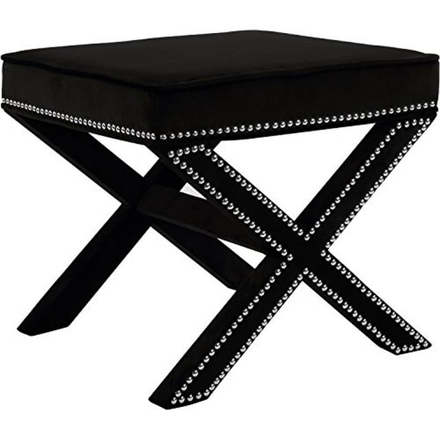 Meridian Furniture Nixon Collection Modern | Contemporary Velvet Upholstered Ottoman / Bench with X-Leg Design, Deep Button Tufting and a Solid Wood Frame Black 20.5" W x 20.5" D x 19" H