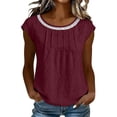 thumbnail image 2 of ClodeEU Women's Linen Blend Short Sleeve Raglan Top with Pleated Neck and Lace Trim ,Solid Color Casual Blouse Wine,Womens Plus XXL, 2 of 8