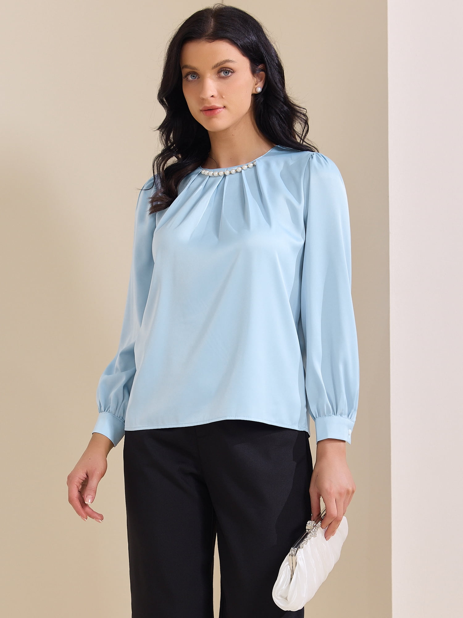 DARING DIVA Women's Elegant Blouse Pearl Decor Ruched Crew Neck Shirt Top XL Blue