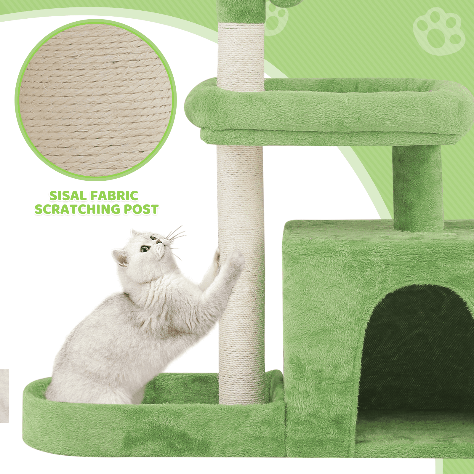 Magshion Cat Tree for Indoor Cats with Green Leaves, 32'' Cat Tower for Indoor Cats with Rest Area, Plush Cat House with Cat Cave and Sisal Scratching Posts Cat Furniture, Green