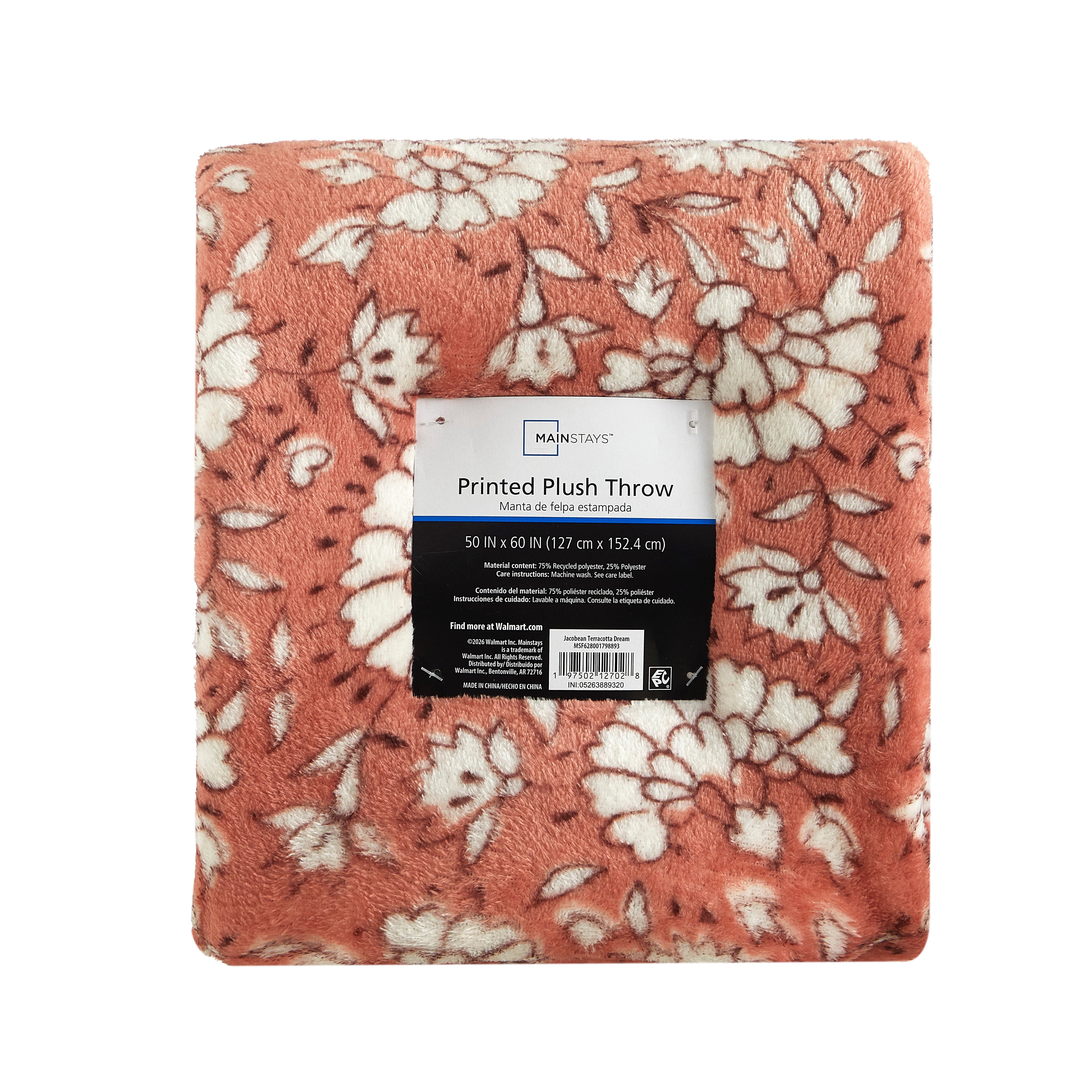 Mainstays Printed Plush Throw Blanket, Jacobean Terracotta Dream, 50 x 60 in