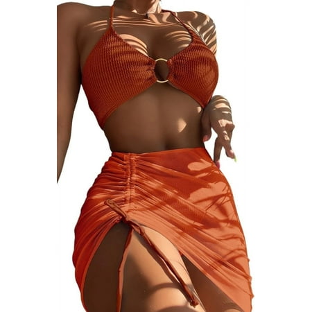 Women s 3 Pieces Beach Swimsuit Slim Solid Color Halter Ribbed Bikini Swimsuit with Cover up Wrap Skirt  Women s Bikini Set 3-Piece Swimsuit High Waist V-Neck Front Spaghetti Straps Swimsuit