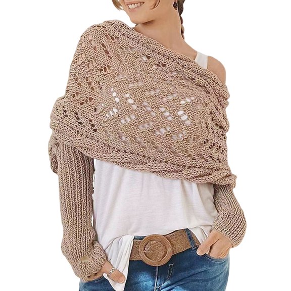 Dbuoem Women Knitting Shawl Soft Fluffy Material Long Sleeve Shawl Hollow Design Autumn Winter Shawl Coat