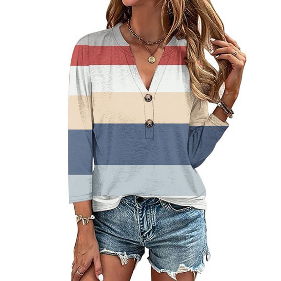 Cavosen Womens Tunic Tops to Wear with Leggings 3/4 Sleeve with Button Pullover Tops V-Neck Striped Color Block Shirts Dressy Flowy Loose Fit Blouse Basic Tees Trendy White L